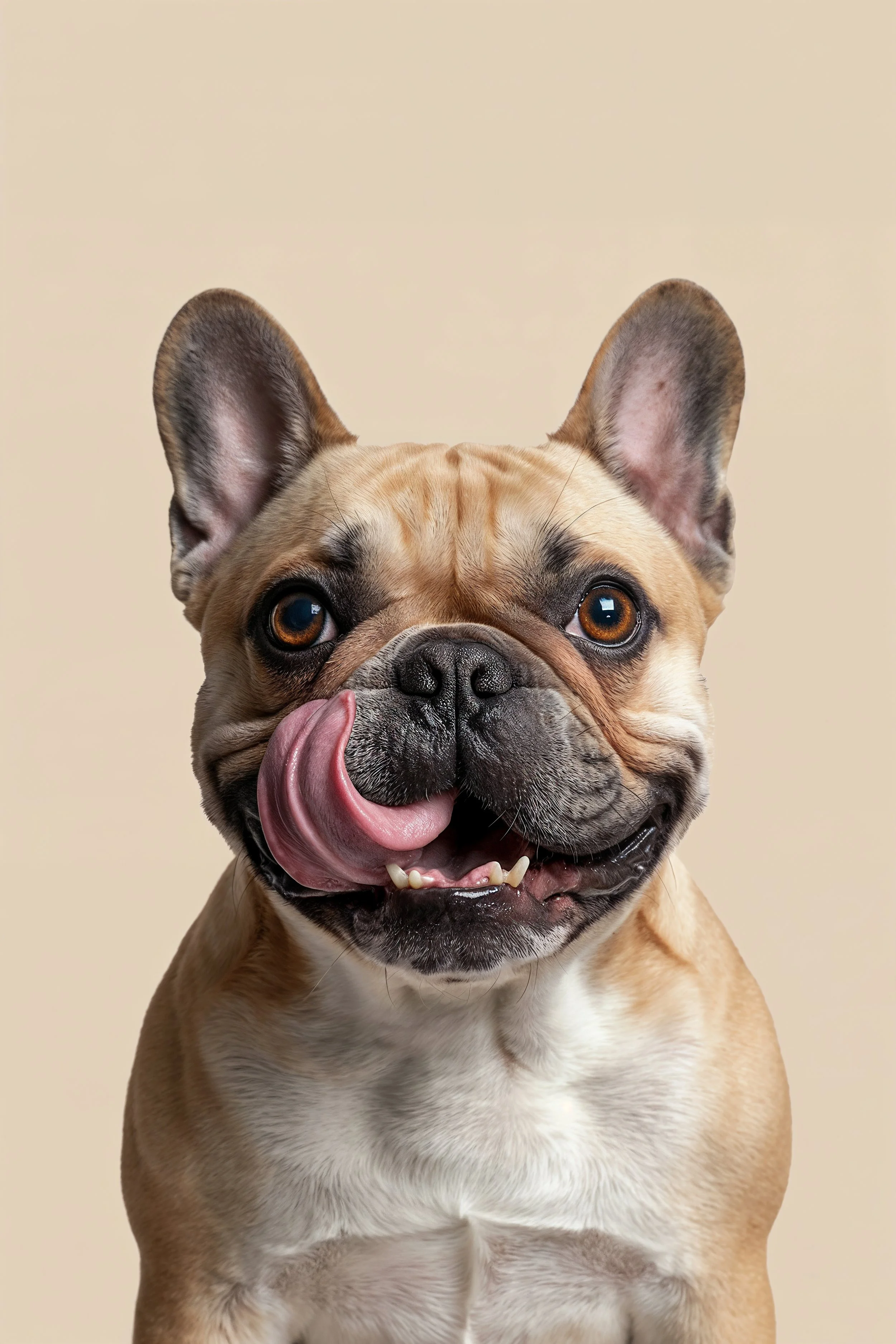 Close-up of a tan and white French Bulldog with big ears, brown eyes, and a pink tongue licking its nose, against a beige background.