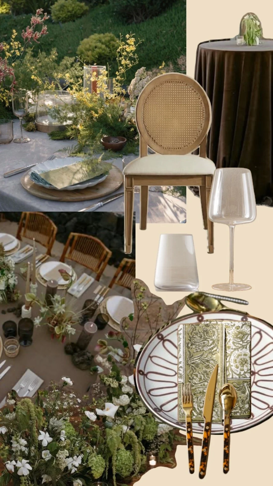 Collage of three different tables set for a formal dinner with elegant tableware, floral centerpieces, and decorative arrangements, featuring a mix of greenery and neutral-colored settings.