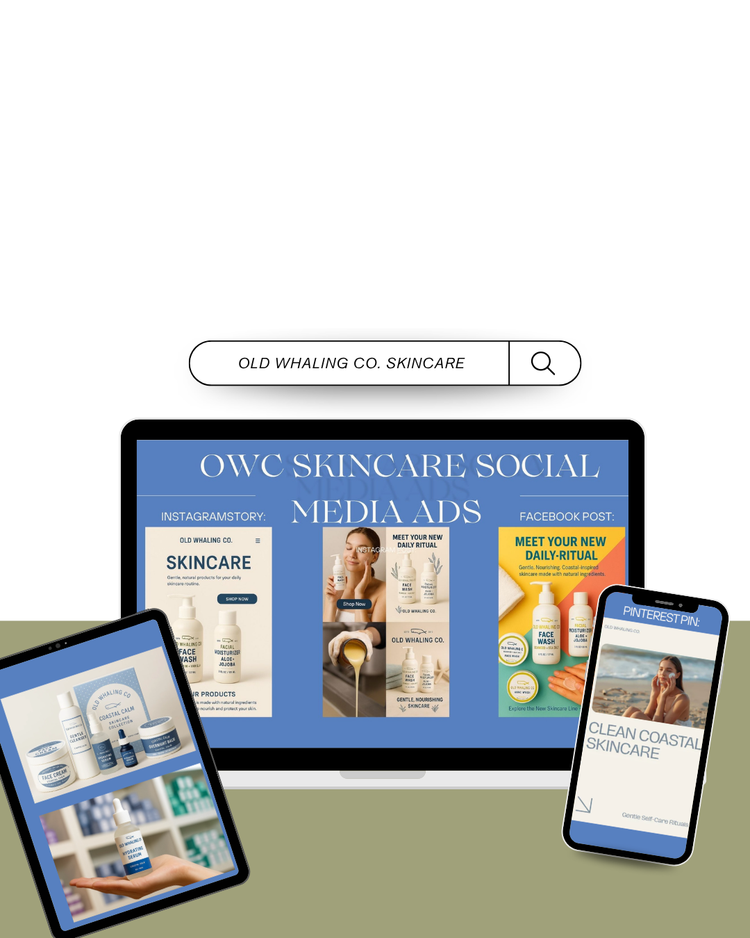Digital devices displaying social media advertisements for Old Whaling Co. skincare products, including a laptop, smartphone, and tablet showcasing various skincare ads.