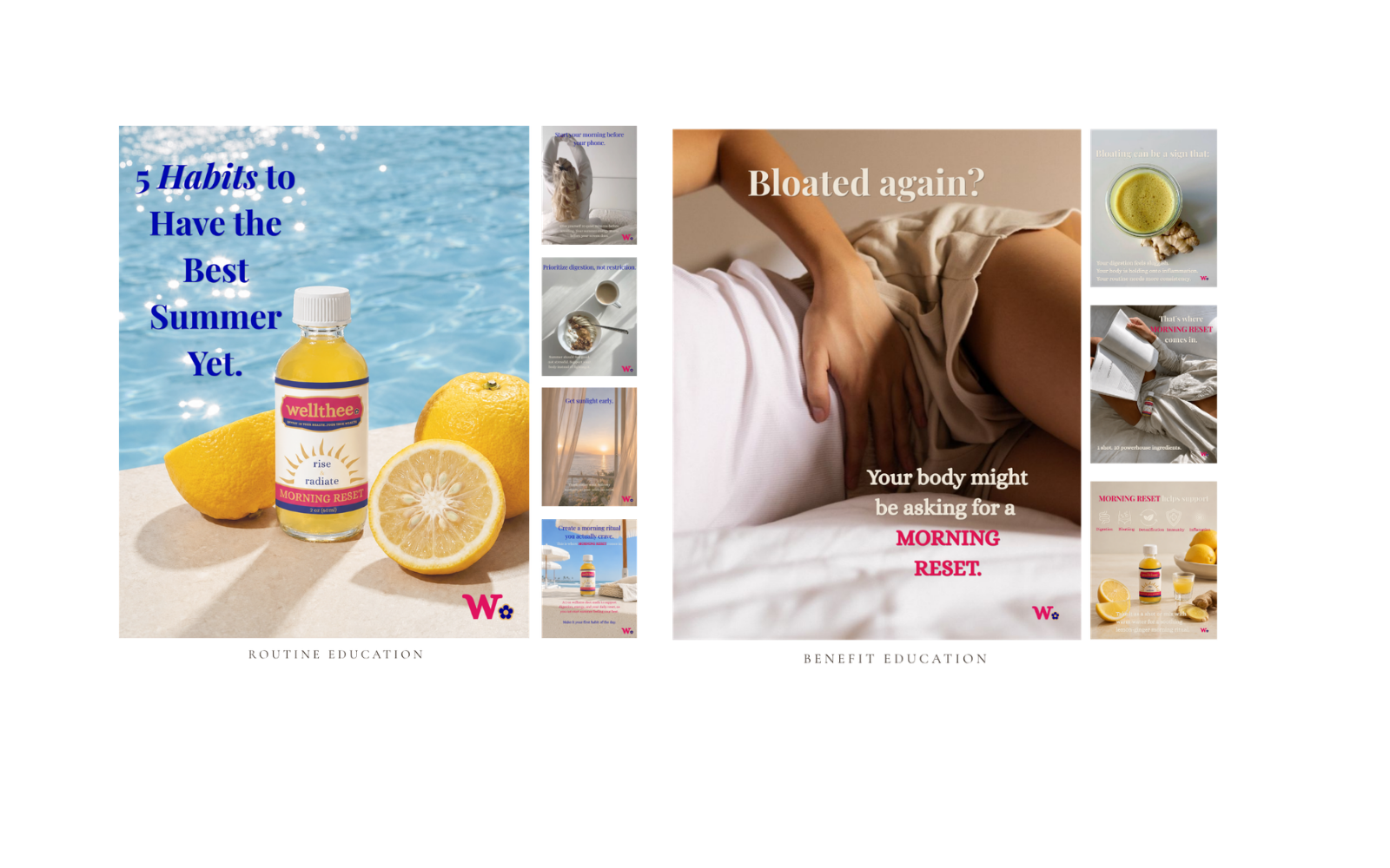 A collage of wellness and health tips, featuring lemon, a bottle of Wellthee Morning Reset supplement, a person with stomach discomfort, and related text promoting morning health routines.