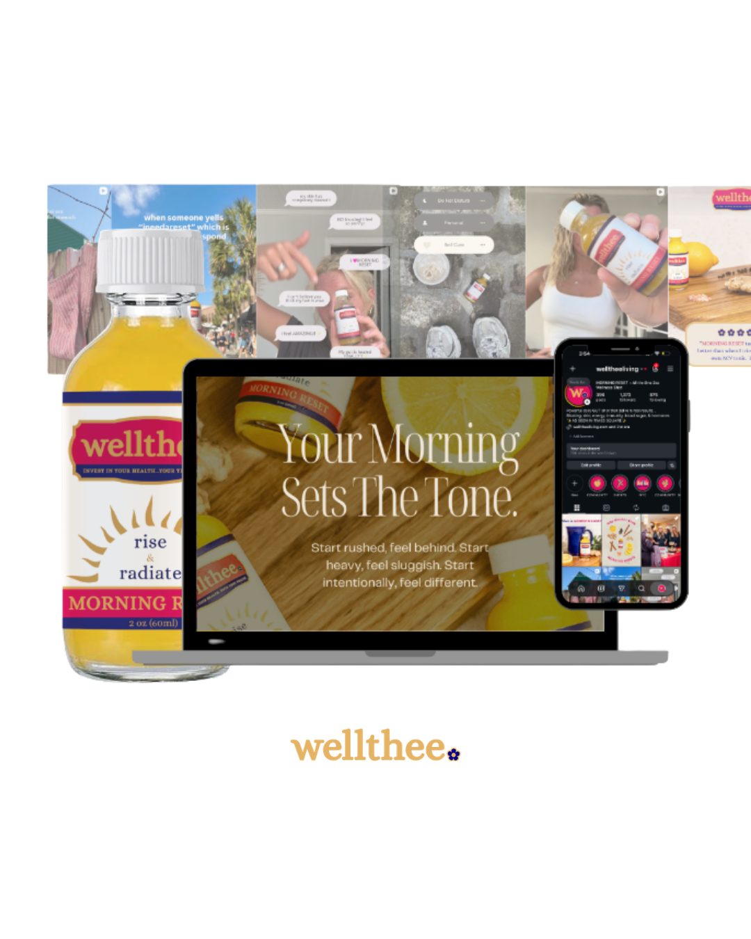 A collage of wellness and supplement products, screens showing social media and a motivational message about starting mornings with intention.