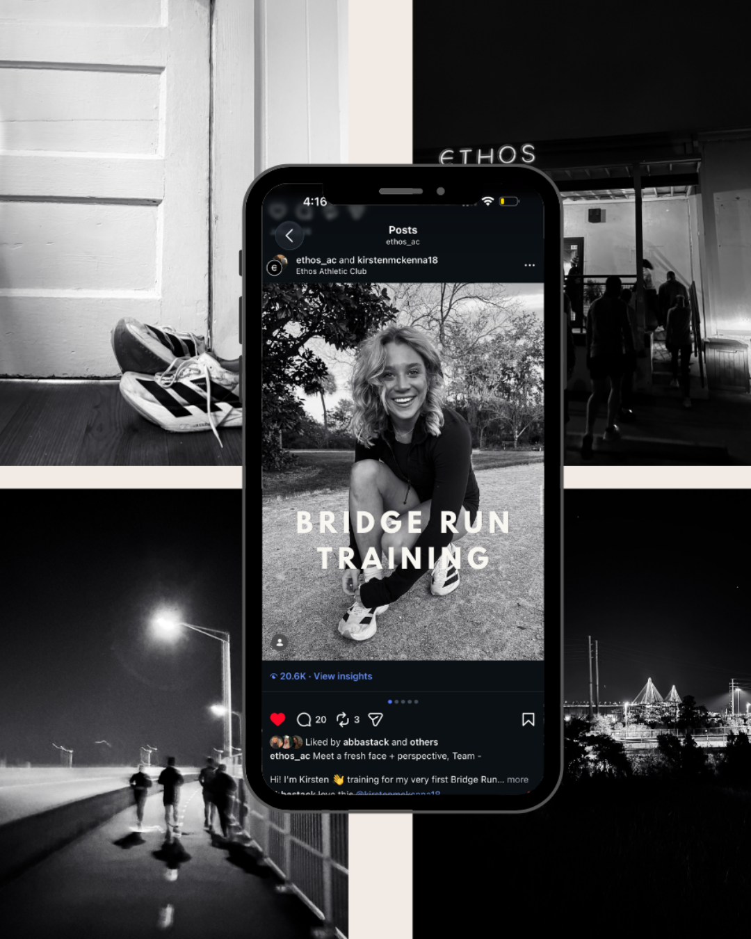 Black and white collage with a smartphone displaying an Instagram post of a woman in running gear, smiling outdoors, with various scenes around including sneakers, people walking on a bridge at night, and an indoor gym.