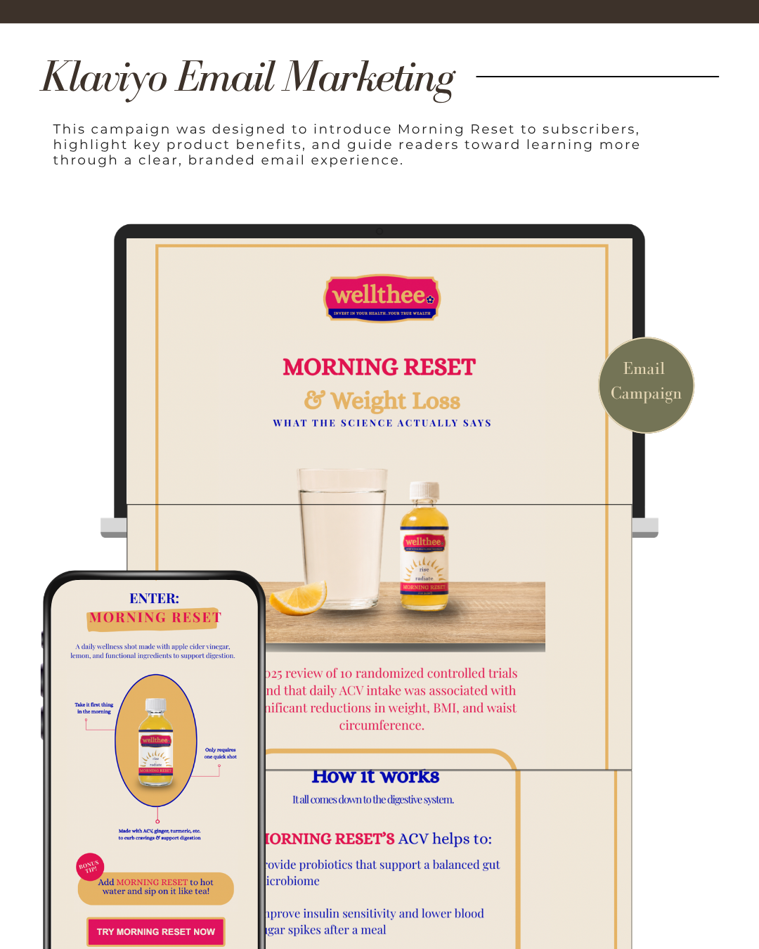 Digital advertisement for Wellthee Morning Reset supplement and weight loss product, showing a bottle, a glass of water, and a slice of lemon on a wooden surface, with a laptop and smartphone displaying the same product.