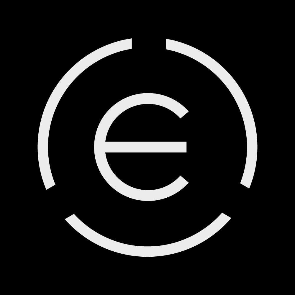 A black background with a stylized white Euro currency symbol enclosed in a circular design.