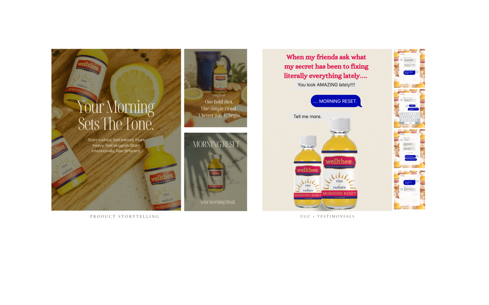 Multiple slides and advertisements for Wellthee Rise and Radiate Morning Reset, featuring bottles of supplement with text emphasizing morning routines, rituals, and feeling different.