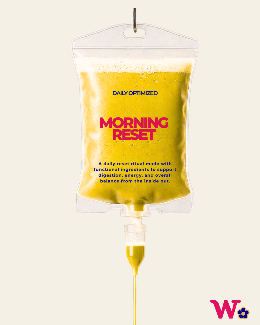 A yellow liquid in a transparent medical IV bag with the label 'Morning Reset' and 'Daily Optimized.' The bag hangs from a metal hook with a tube at the bottom. The text on the bag describes it as a daily reset ritual made with functional ingredients for digestion, energy, and overall balance from the inside out. A pink and purple stylized 'W.' logo is in the bottom right corner.