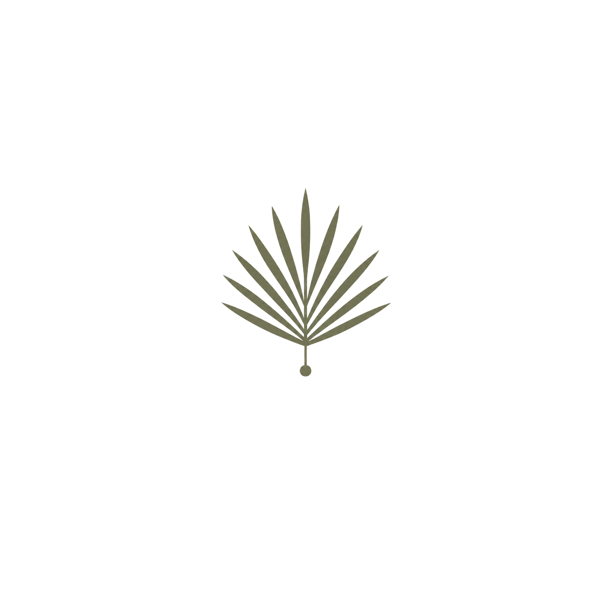 A decorative design featuring a spray of pointed leaves arranged symmetrically, emanating from a central point, in a minimalist style.