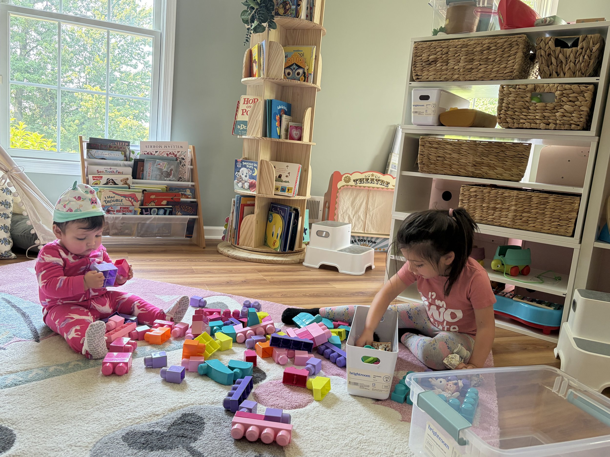 Two young children playing with colorful building blocks on a pink and beige carpet in a bright room near a large window. There are toy bins and shelves filled with books and toys in the background.