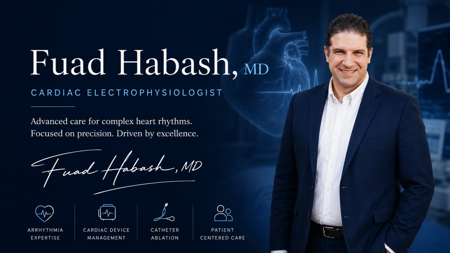 Business card or promotional graphic featuring Dr. Fuad Habash, a cardiac electrophysiologist, with a blue background, a waveform illustration, and icons representing heart rhythm expertise, cardiac device management, catheter ablation, and patient-centered care.