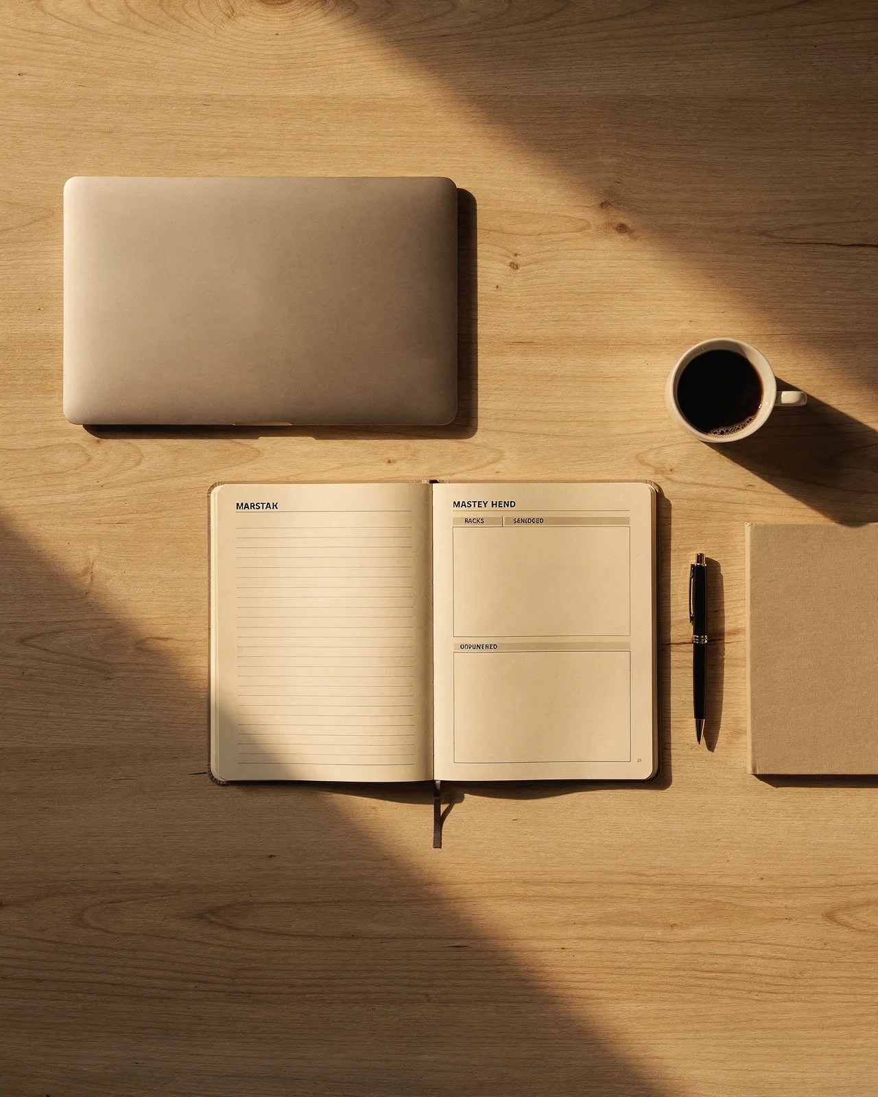 Vue aérienne d'un bureau épuré avec laptop fermé, carnet ouvert et stylo, lumière dorée dramatique, ambiance de maîtrise et d'intention