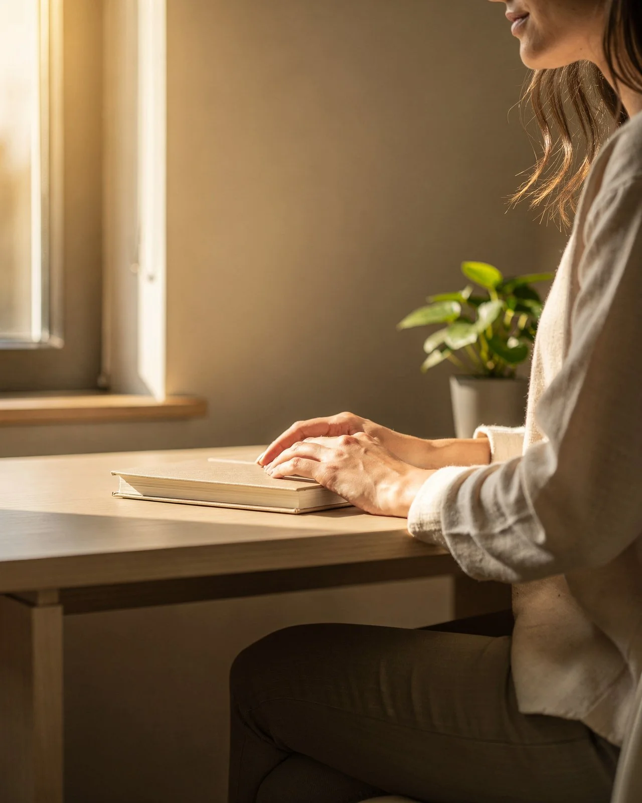Femme de profil, mains posées calmement sur un carnet fermé, lumière dorée naturelle, plante verte, ambiance sereine et professionnelle