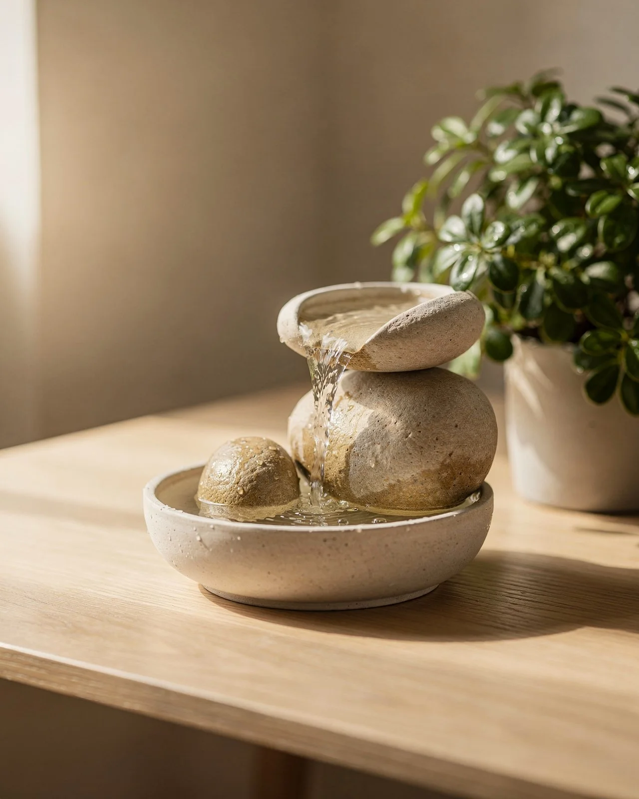 Petite fontaine zen en pierres sur un bureau en bois, plante verte en arrière-plan, lumière naturelle dorée, ambiance calme et apaisante