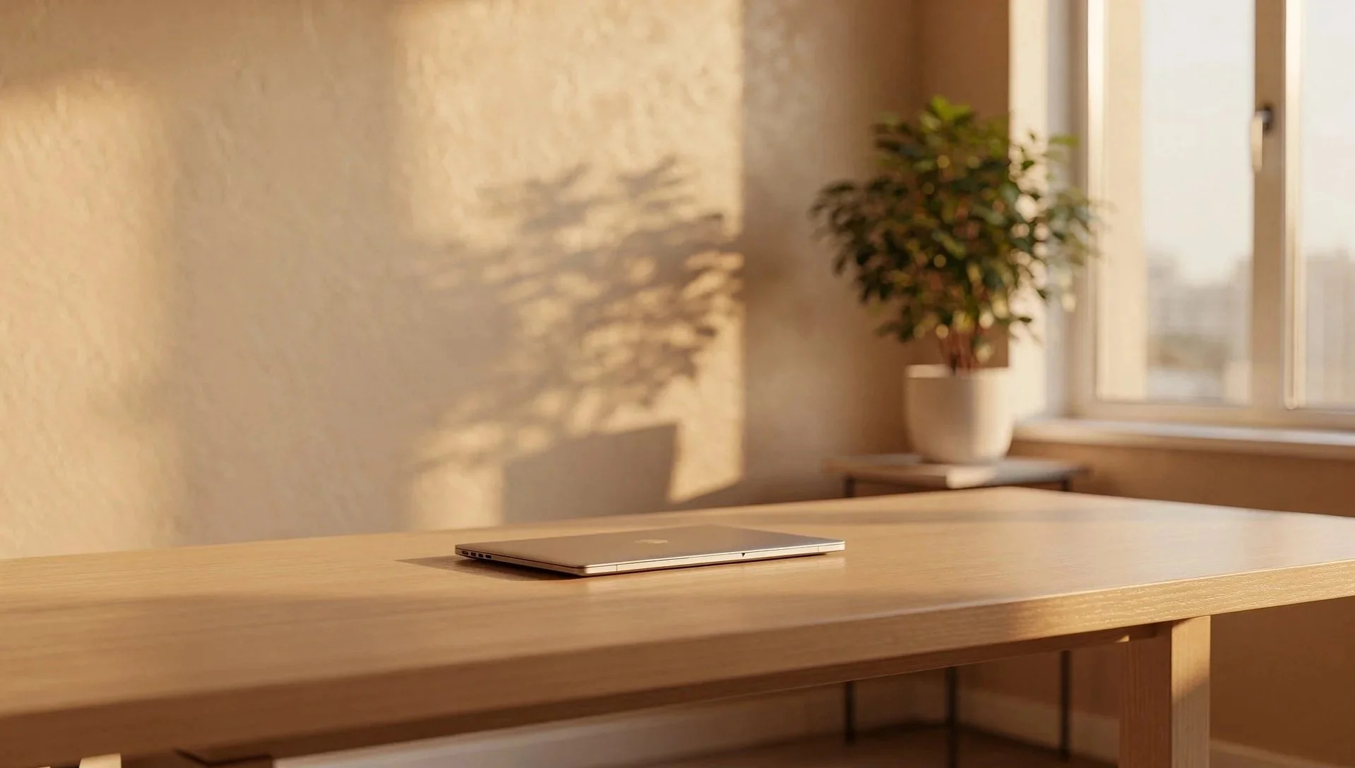 Bureau en bois épuré avec laptop fermé, lumière naturelle dorée, plante verte en arrière-plan, ambiance calme et aérée