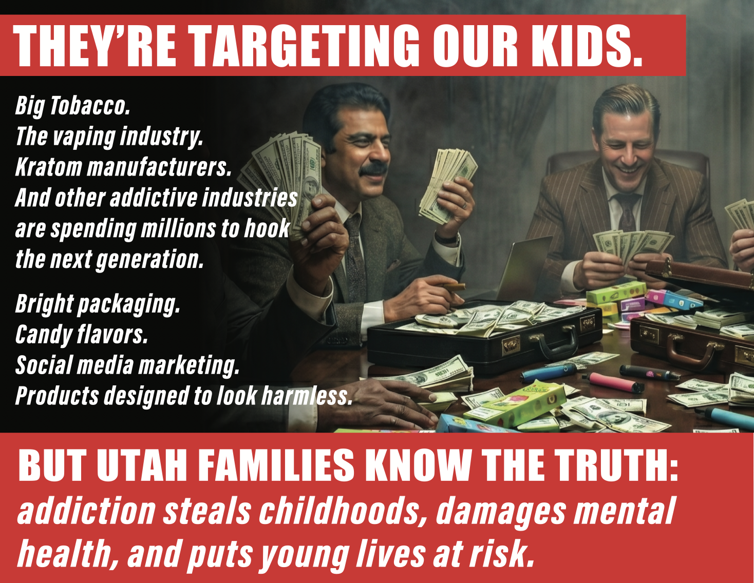 A group of men in suits sitting at a table with money, candy, and social media marketing materials, engaging in nefarious activities with cash.