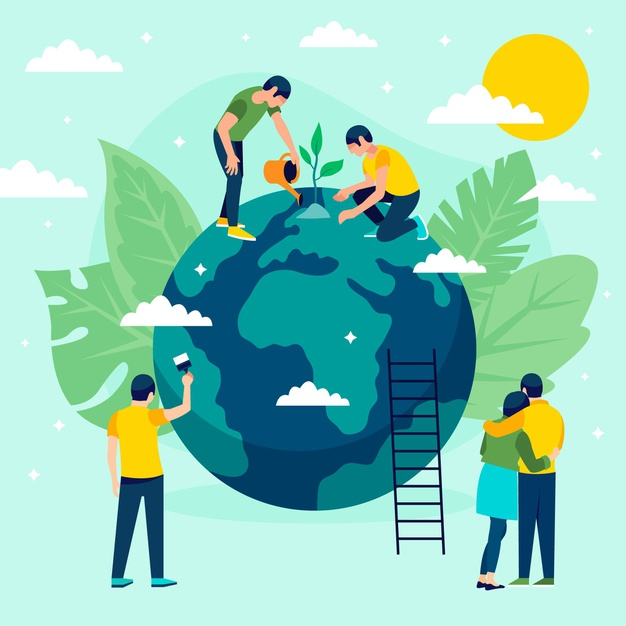Illustration of people planting and caring for the Earth, symbolizing environmental conservation and sustainability.