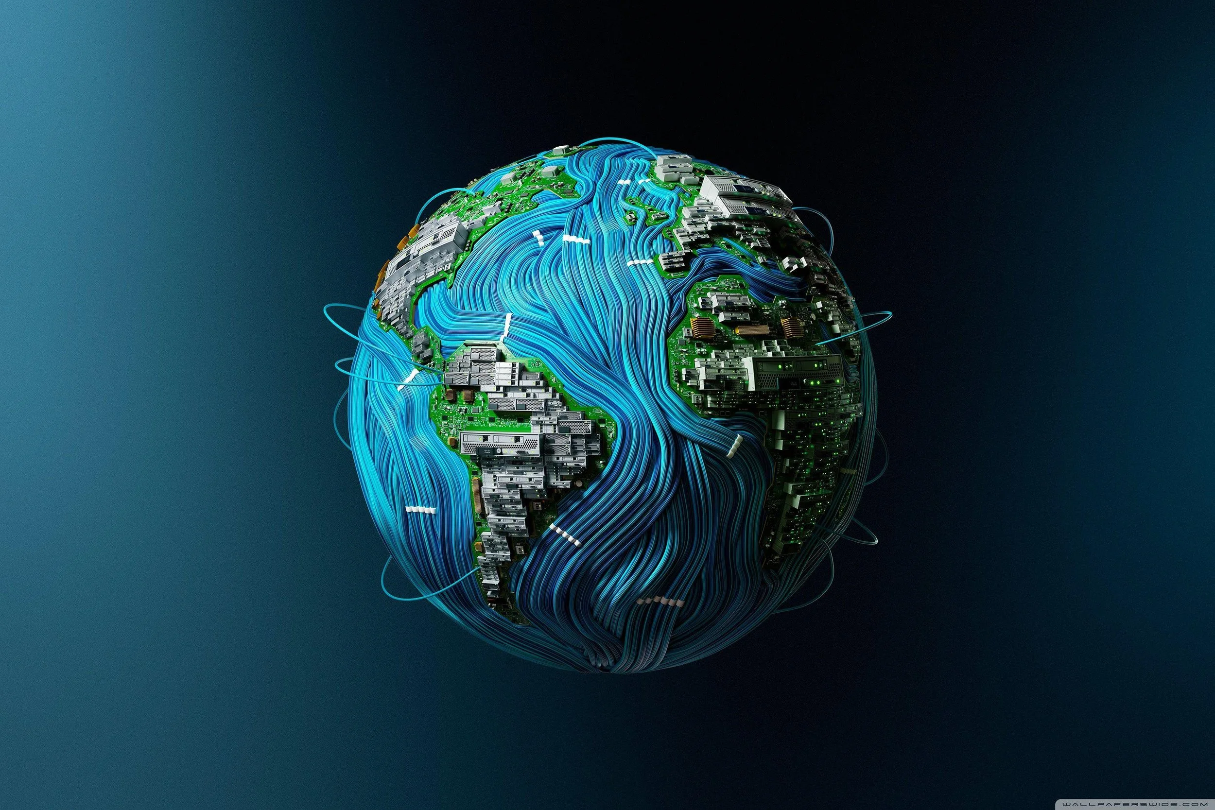 Digital illustration of Earth made from circuit boards, chips, and electronic components with flowing blue data streams on a black background.