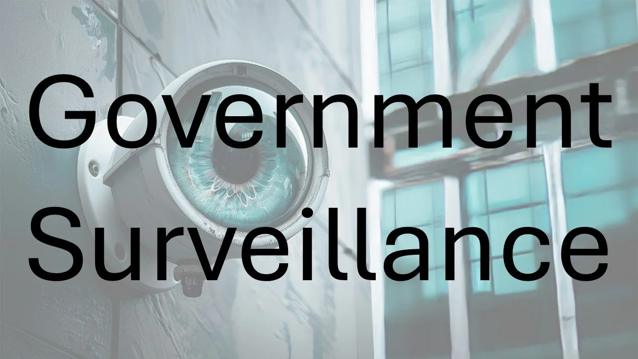 A security camera mounted on a wall with the words 'Government Surveillance' overlayed in large black text.