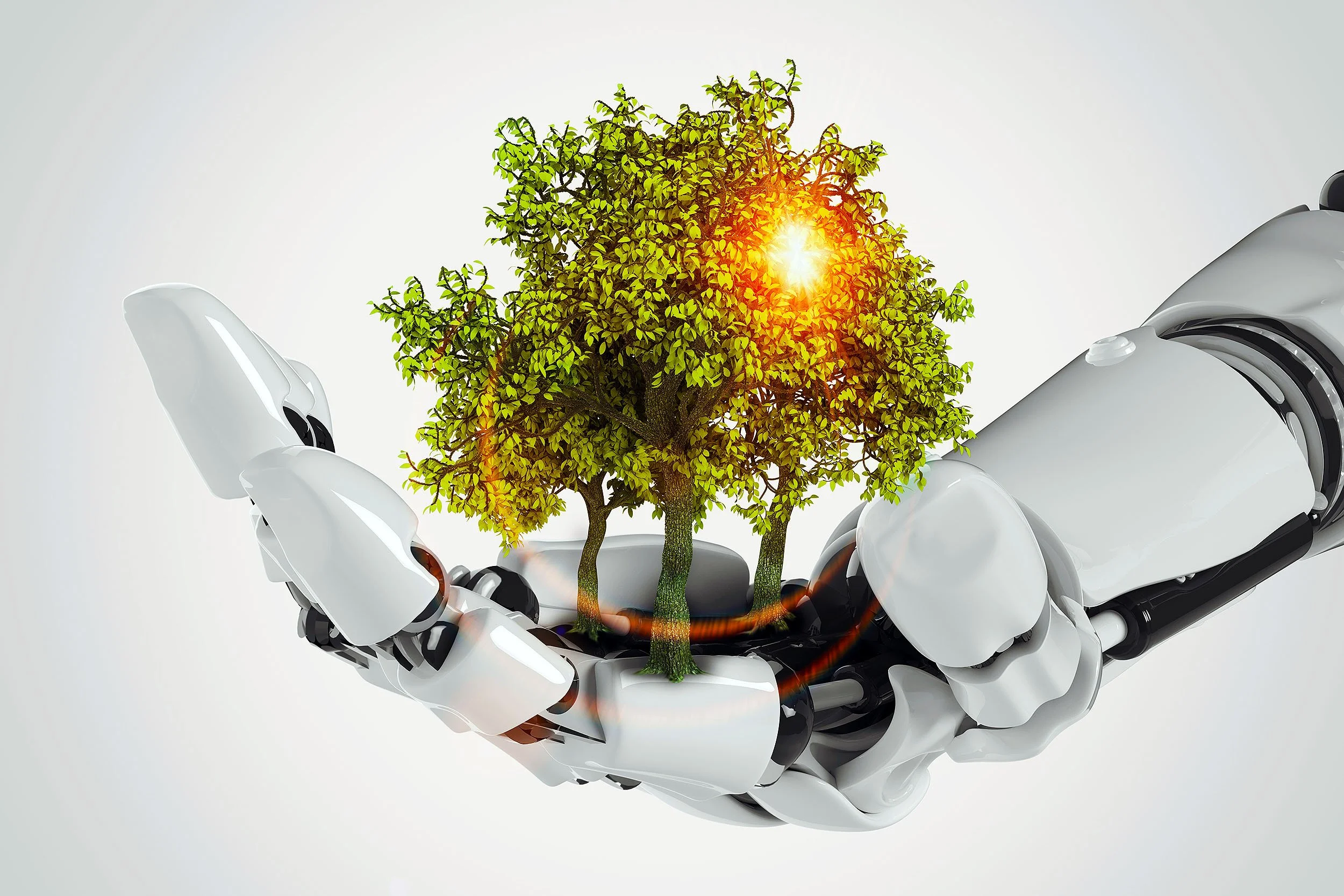 A white robotic hand holding a small green tree with sunlight shining through the leaves.