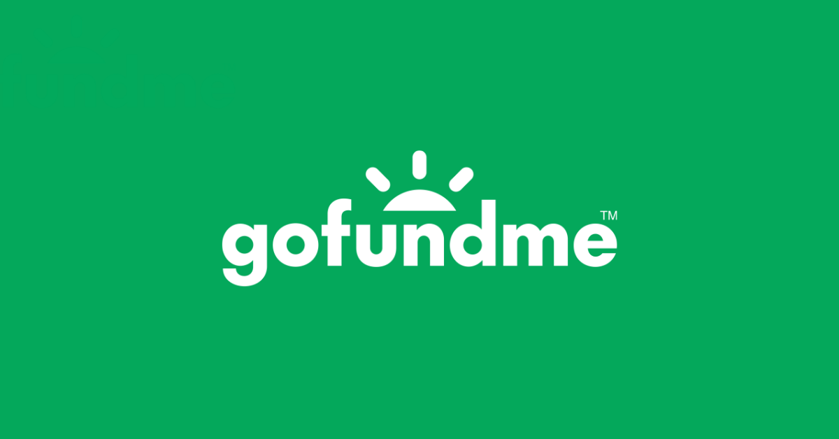GoFundMe logo on a green background with a stylized sun icon above the text.