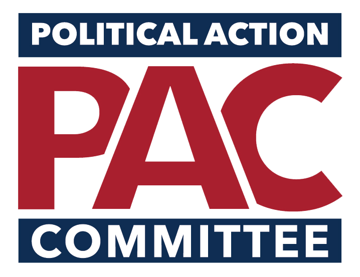 Logo for Political Action Committee with large red letters 'PAC' between the words 'Political Action' above and 'Committee' below, all on a black background.