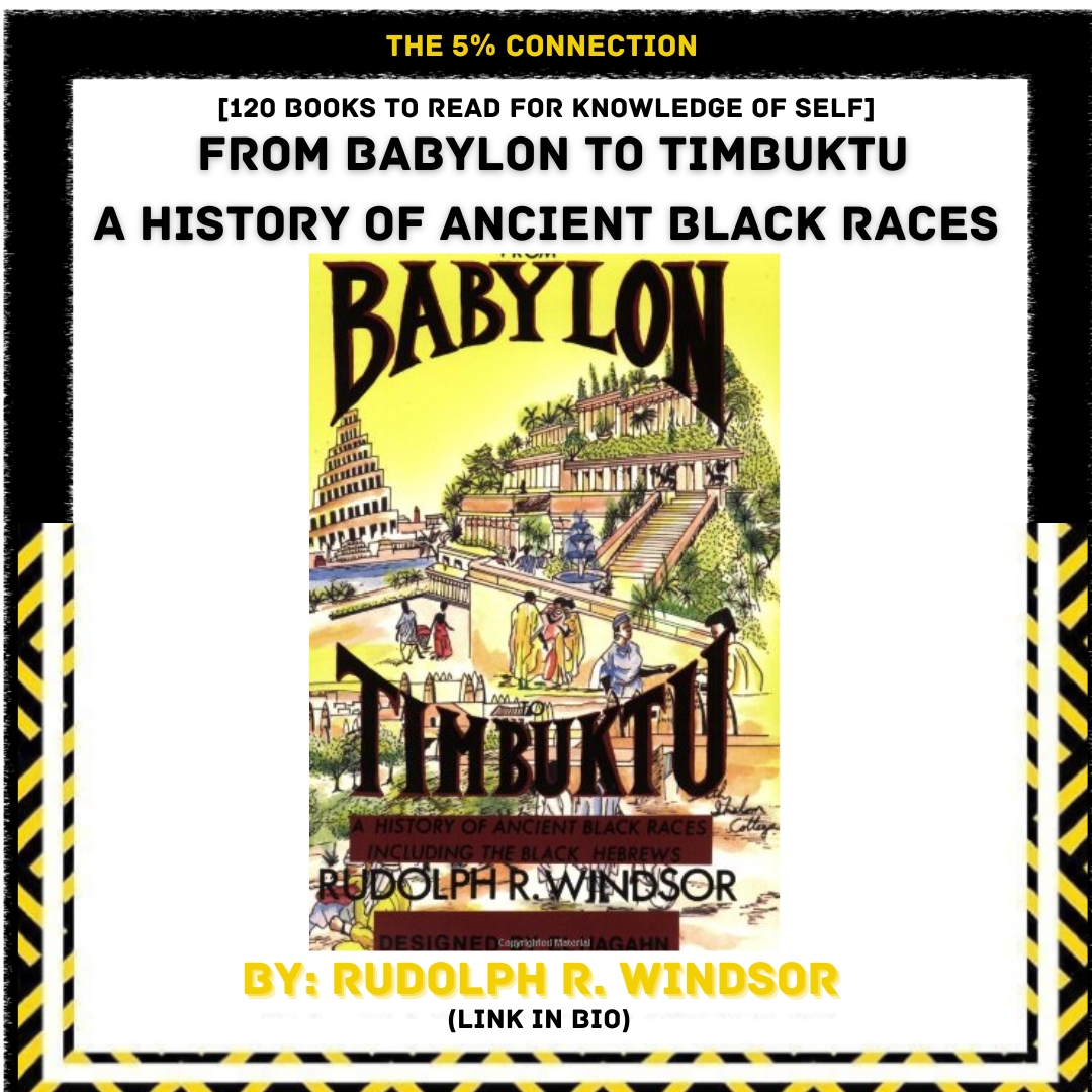 Book cover titled 'Babylon to Timbuktu: A History of Ancient Black Races' by Rudolph R. Windsor, featuring an illustration of ancient and modern African structures and people.