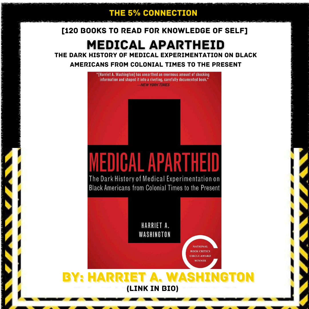 Book cover of 'Medical Apartheid' by Harriet A. Washington, with red and black cross design, and text highlighting the book's focus on the dark history of medical experimentation on Black Americans from colonial times to present.