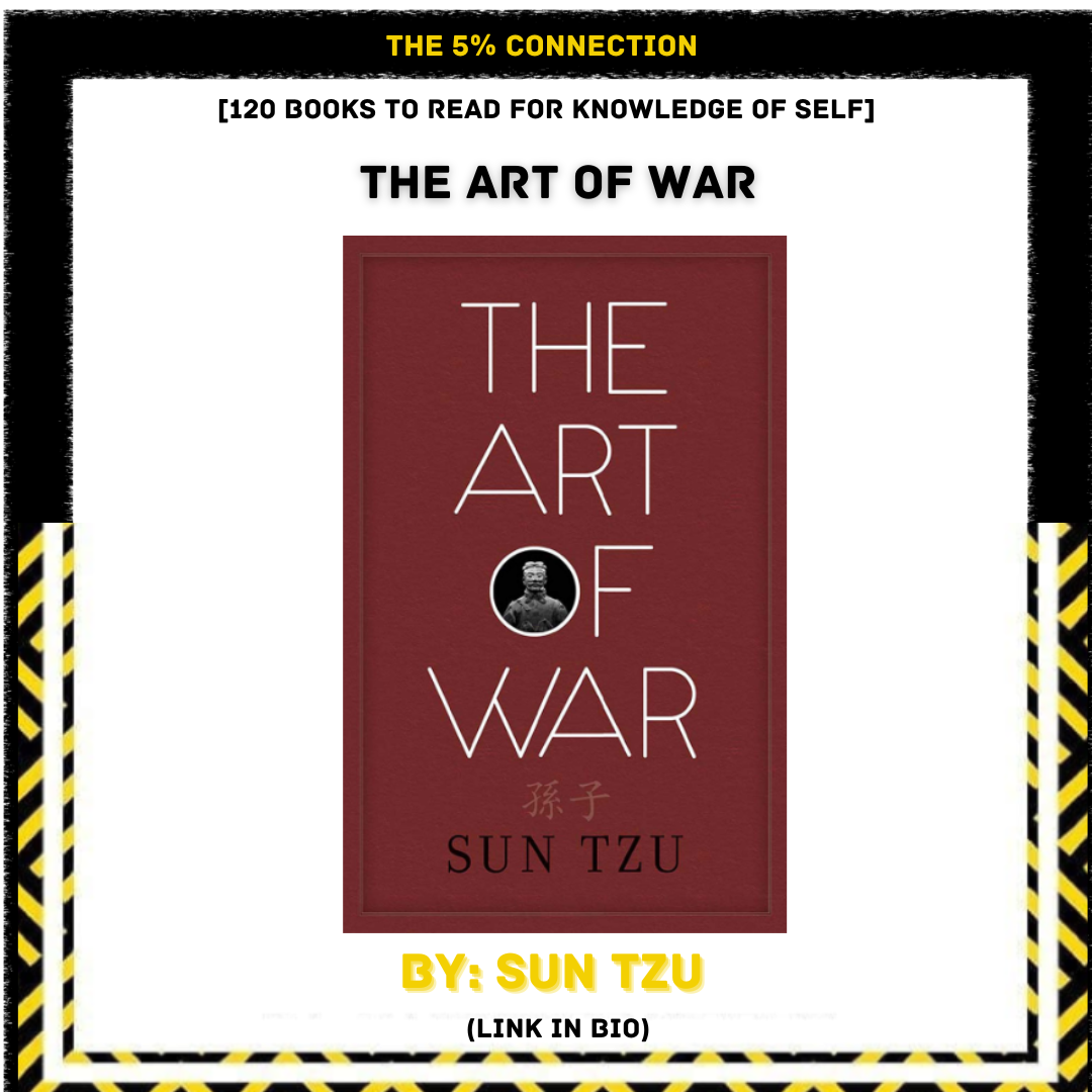 Book cover titled 'The Art of War' by Sun Tzu with a red background and a small black circle containing a black and white portrait of Sun Tzu.
