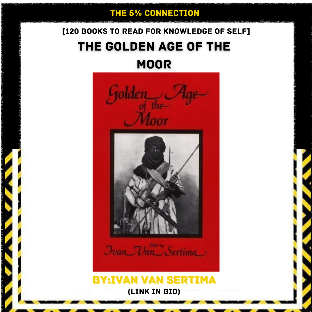 Book cover titled "The Golden Age of the Moor" by Ivan Van Sertima, featuring a black and white image of a Moor warrior with a sword and a shield, on a red background.