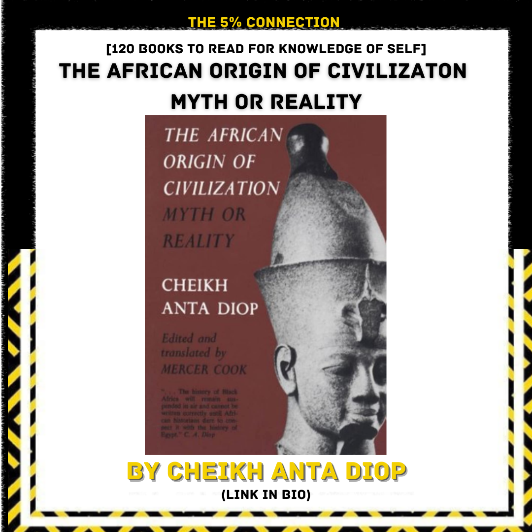 Book cover titled "The African Origin of Civilization: Myth or Reality" by Cheikh Anta Diop, edited and translated by Mercer Cook, with a black and white image of an ancient African sculpture on a red background.