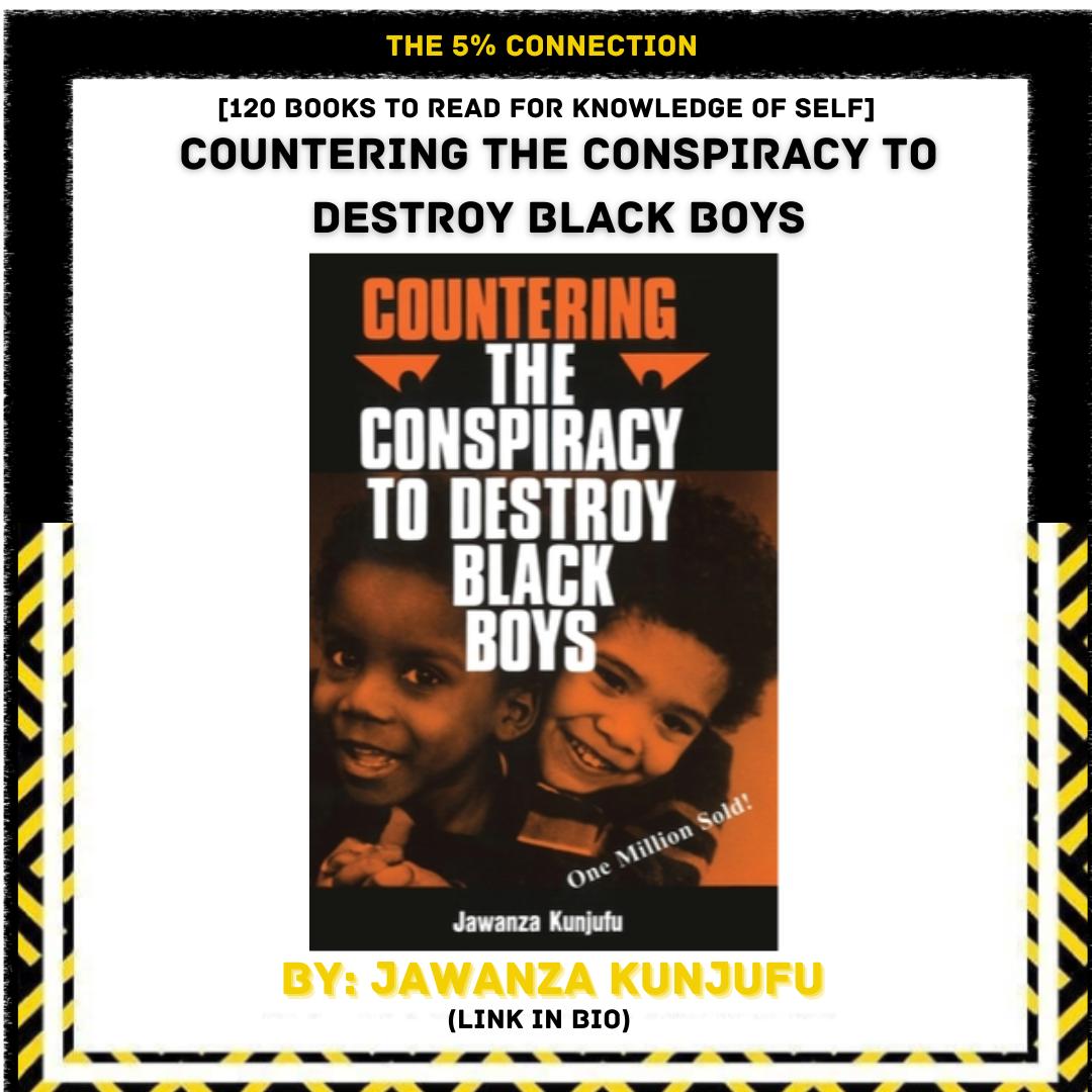 Book cover titled "Countering the Conspiracy to Destroy Black Boys" by Jawanza Kunjufu, featuring smiling young Black boys, with a subtitle indicating sales of one million copies.