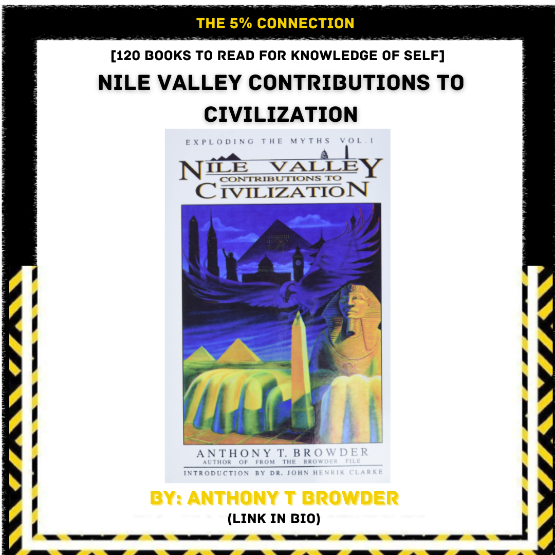 Book cover titled "Nile Valley Contributions to Civilization" with illustrations of pyramids, the Nile River, a Sphinx statue, and an eagle in blue, yellow, and purple colors.