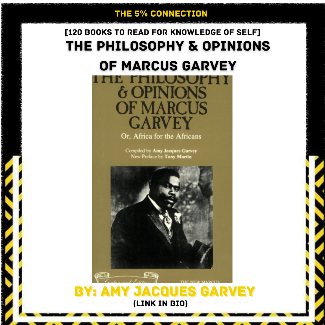 Cover of a book titled "The Philosophy & Opinions of Marcus Garvey" by Amy Jacques Garvey, with a black and white photo of Marcus Garvey on it. The image has a decorative border with black and yellow stripes.