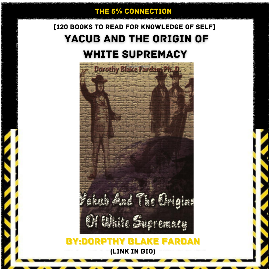 Cover of a book titled "Yacub and the Origin of White Supremacy" by Dorothy Blake Fardan, featuring an illustration of three figures wearing hats against a brick wall background.
