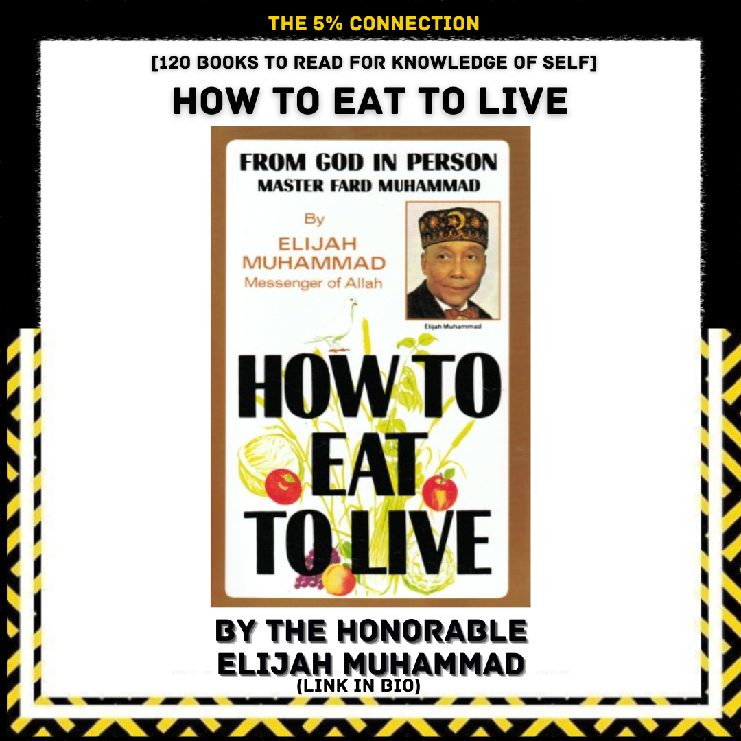 Cover of a book titled "How to Eat to Live" by Elijah Muhammad, featuring a picture of him in traditional clothing, with visuals of vegetables and fruits in the background.