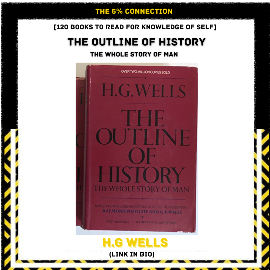 Image of a book titled 'The Outline of History' by H.G. Wells, placed on a frame with text about the book and author, and a decorative black and yellow striped border.