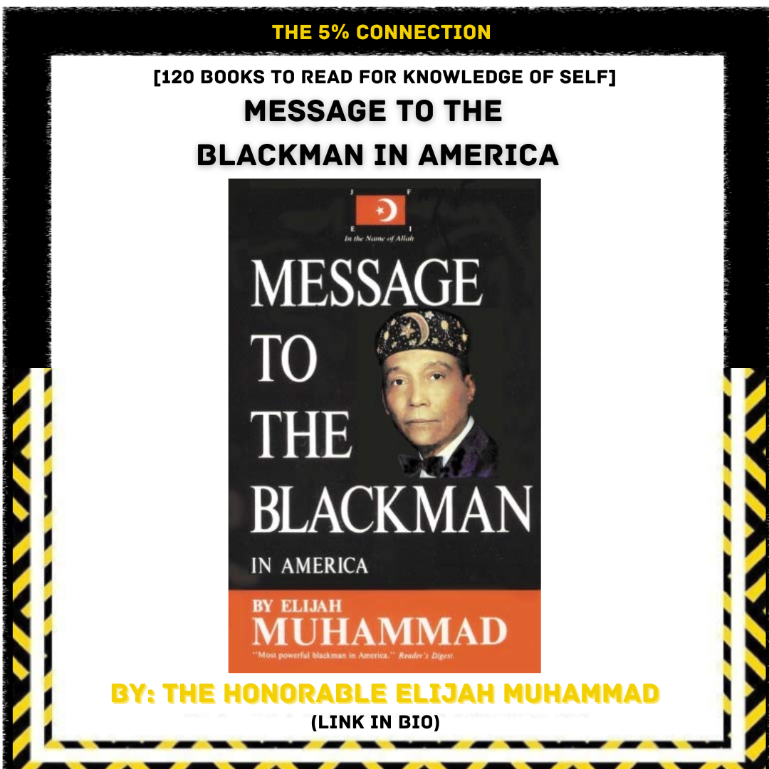 Book cover titled "Message to the Blackman in America" by Elijah Muhammad, featuring a portrait of a man in a suit and hat with celestial patterns, set against a black background with celebratory warning tape on either side.