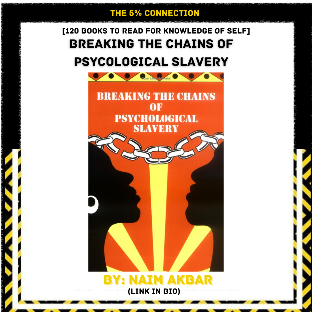 Book cover titled "Breaking the Chains of Psychological Slavery" by Naim Akbar, featuring silhouettes of two faces and a chain between them on an orange background.