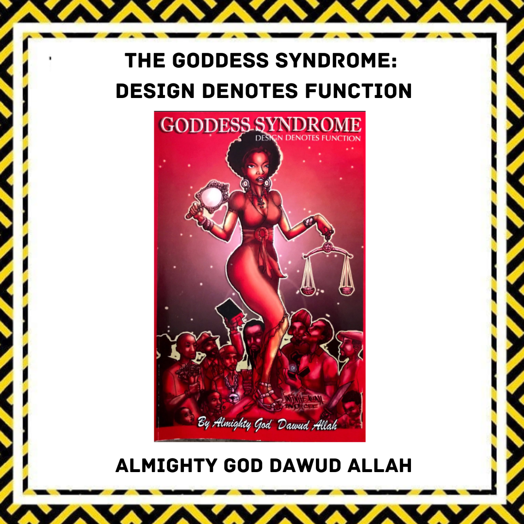 Cover of a book titled 'Goddess Syndrome: Design Denotes Function,' featuring a stylized illustration of a woman with African features, holding scales in one hand and a mirror in the other, surrounded by people. The background is red with stars, and 