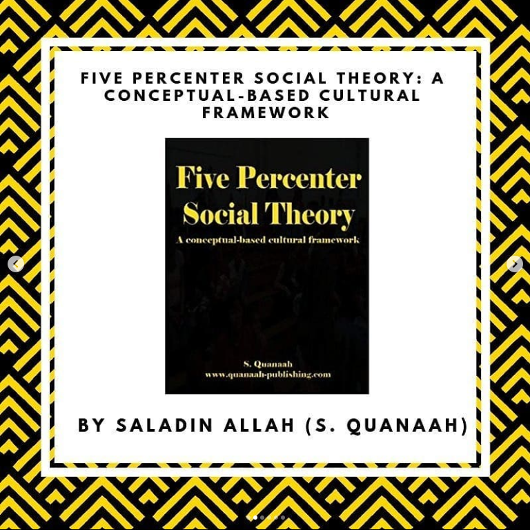 Book cover titled "Five Percent Social Theory" by Saladin Allah, with the subtitle "A conceptual-based cultural framework," set against a black background, with the author's name and website. The cover is surrounded by a decorative yellow and black g