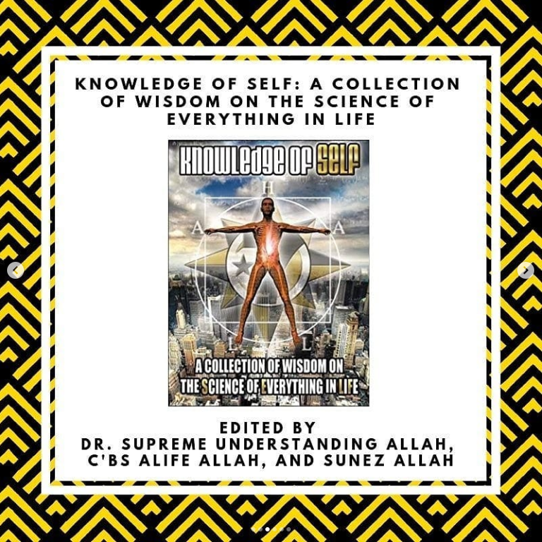 Cover of a book titled "Knowledge of Self" with a man with outstretched arms in front of a cityscape and a geometric background.