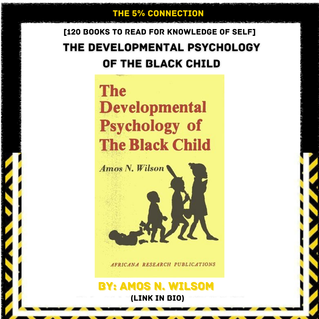 Image of a book cover titled 'The Developmental Psychology of The Black Child' by Amos N. Wilson. The cover features silhouettes of children in various poses, set against a yellow background.