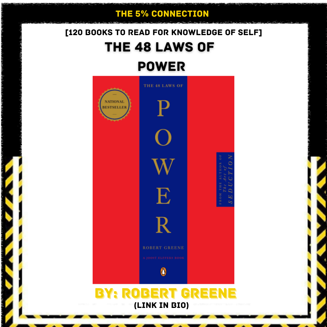 Book cover titled "The 48 Laws of Power" by Robert Greene, with a red and blue design, a gold badge indicating "National Bestseller," and the text "From the author of Seduction."
