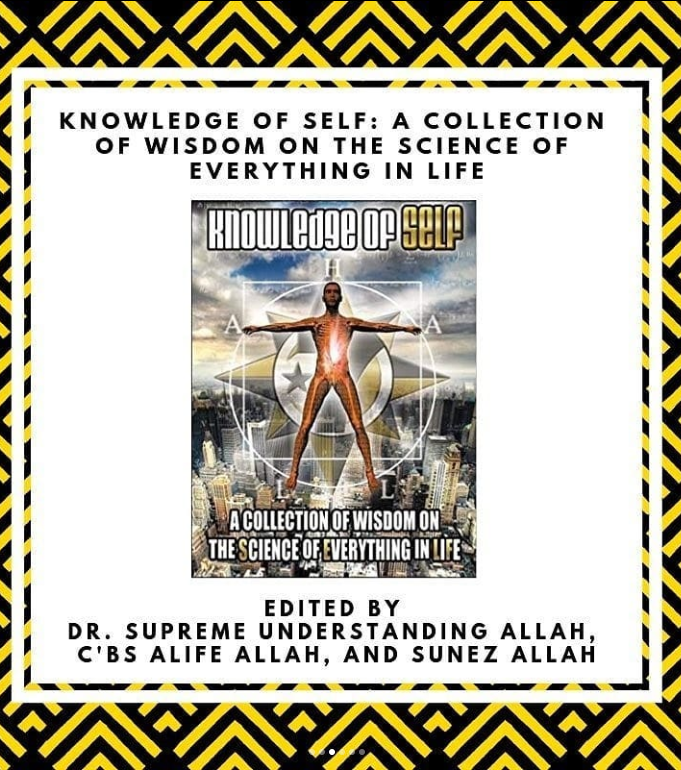 Book cover titled 'Knowledge of Self: A Collection of Wisdom on the Science of Everything in Life'. Features a human figure with arms outstretched, surrounded by geometric shapes and symbols, against a cityscape background.