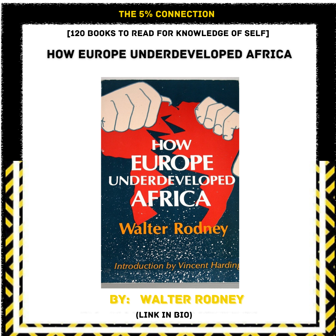 Book cover titled 'How Europe Underdeveloped Africa' by Walter Rodney, with an introduction by Vincent Harding. The cover features a red map of Africa being fractured by two hands pulling at it, with black, white, and yellow striped border elements.