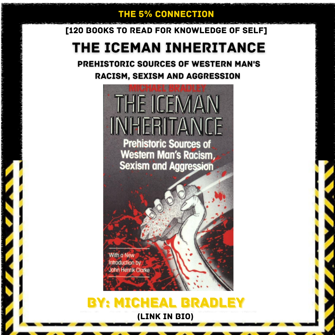 A graphic promoting the book "The Iceman Inheritance" by Michael Bradley, with the subtitle "Prehistoric Sources of Western Man's Racism, Sexism, and Aggression." The cover features a stylized illustration of a hand holding a club, with blood splatte