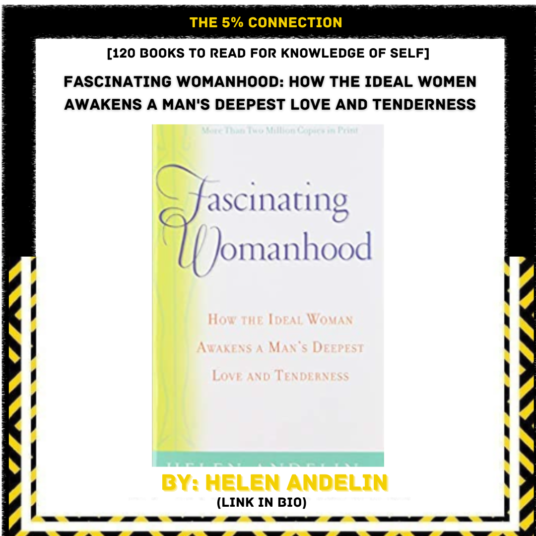 Book cover titled "Fascinating Womanhood" with subtitle "How the Ideal Woman Awakens a Man's Deepest Love and Tenderness". The background has a yellow and white gradient and the title is in purple script. The book is by Helen Andelin.