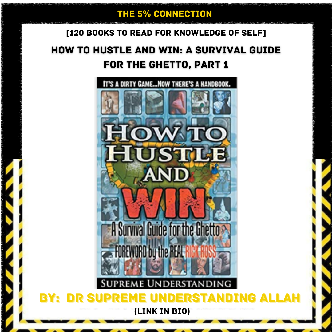 Book cover titled "How to Hustle and Win" with a subtitle "A Survival Guide for the Ghetto, Part 1". The cover features a collage of images, a map of the United States, and a row of faces. The author's name, Rick Ross, is included along with a foreword by the same author, and a note about knowing the real Rick Ross. The design has a black, yellow, and white striped border.