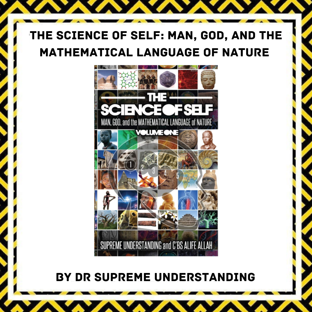 Cover of a book titled "The Science of Self: Man, God, and the Mathematical Language of Nature" by Dr. Supreme Understanding. The cover features a collage of various images representing different aspects of science, history, and nature, with a black 