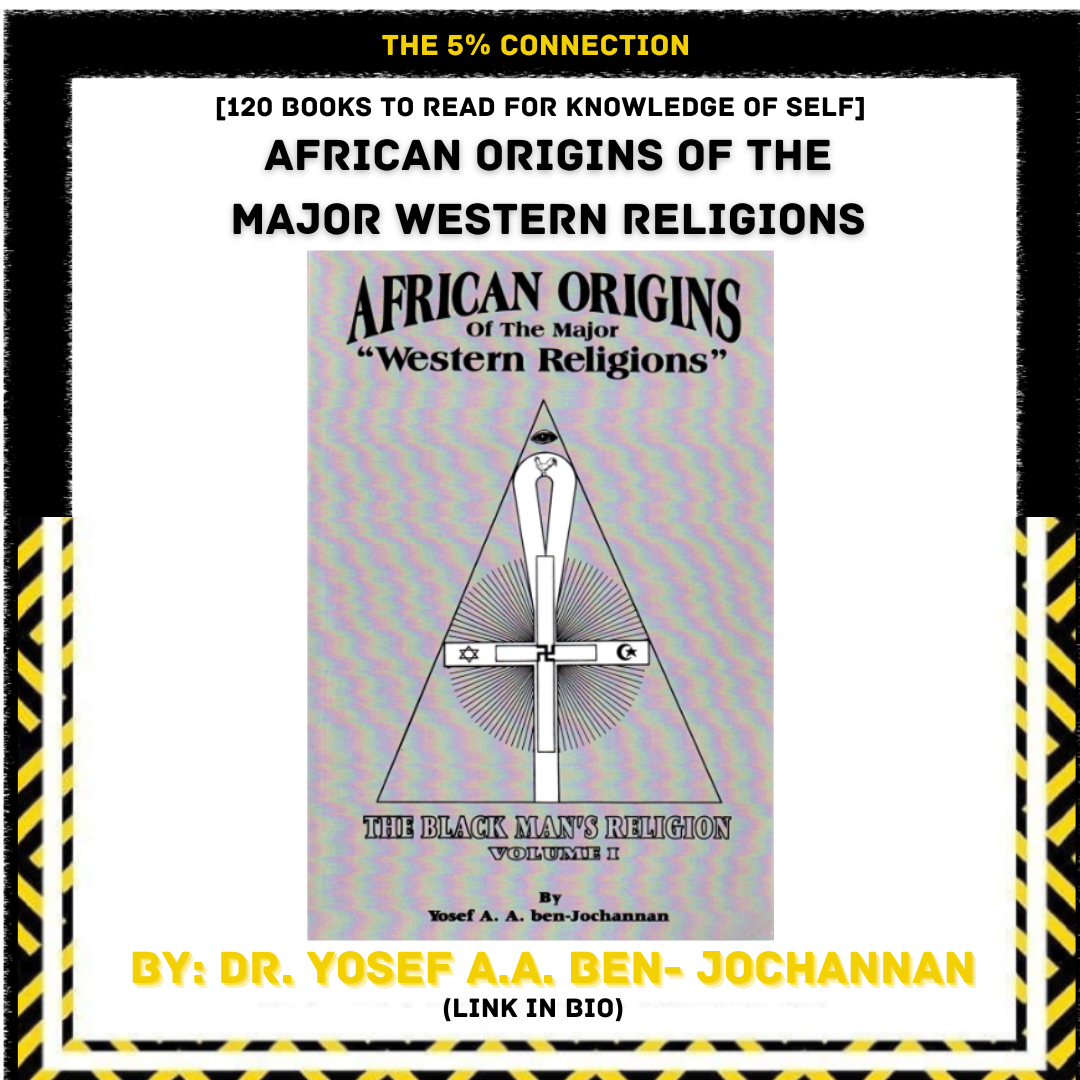 Book cover titled "African Origins of the Major Western Religions" by Dr. Yosef A. A. Ben-Jochannan, featuring a black and white illustration of a cross, triangle, and various religious symbols. The background is light-colored with a rainbow pattern,