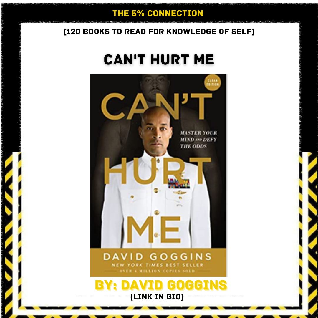 Cover of the book titled "Can't Hurt Me" by David Goggins with the subtitle "Master Your Mind and Defy the Odds." The cover features a man in a white military uniform with medals, set against a dark background, and behind him, there is a shadowy figu